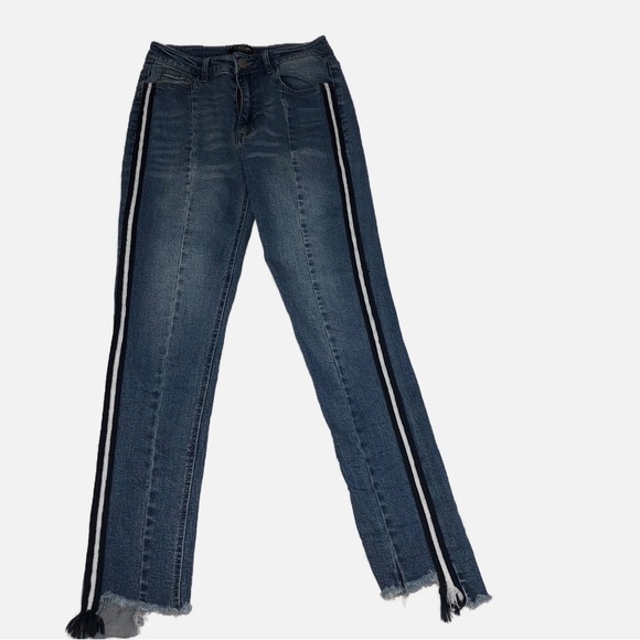 Black Label Size 5 28 Small Jeans Skinny Blue Raw Edge Stretch Racer Stripes - Picture 1 of 7